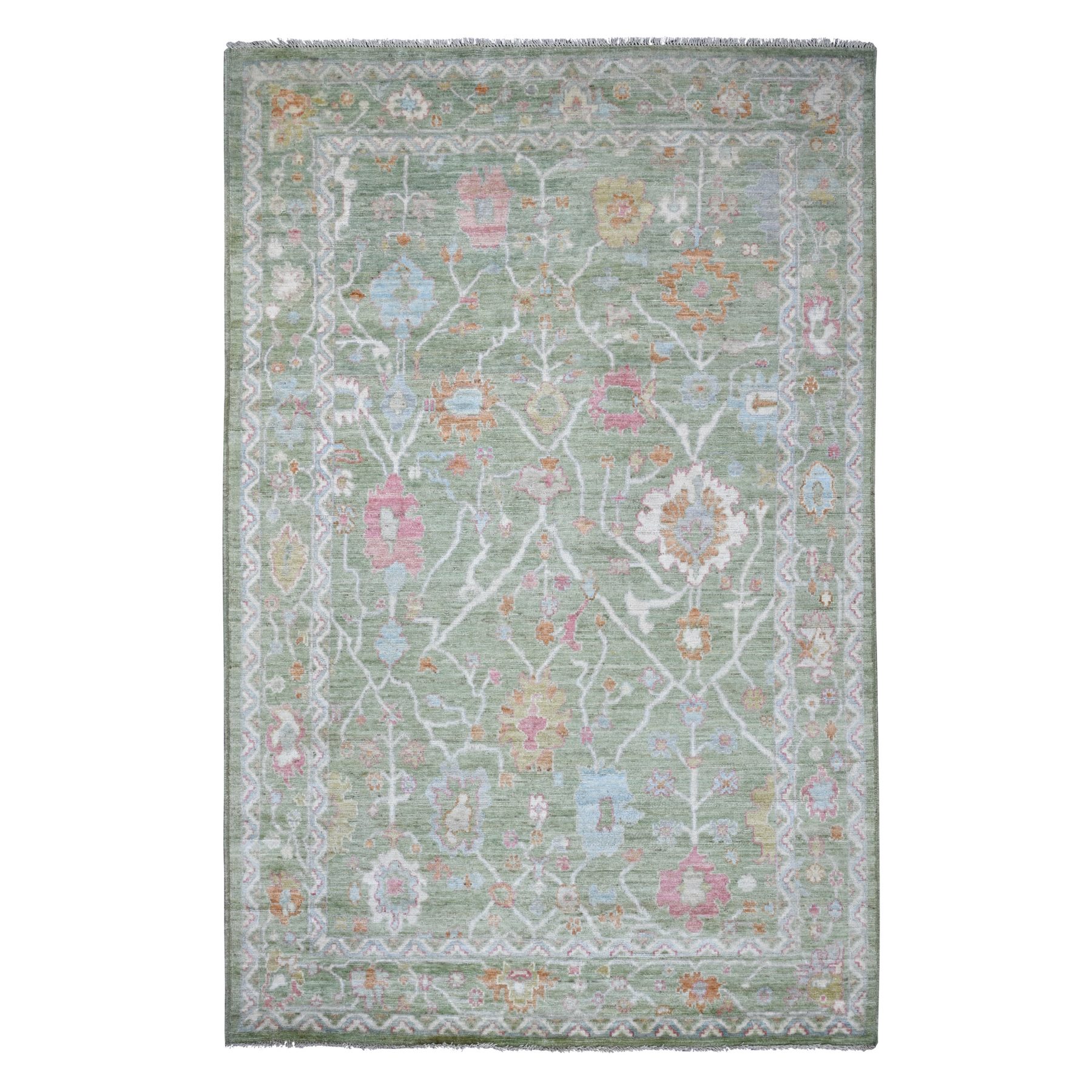 5'9"x9' Cedar Green, Hand Knotted, Afghan Angora Oushak with All Over Leaf Design, 100% Wool, Vegetable Dyes, Oriental Rug 